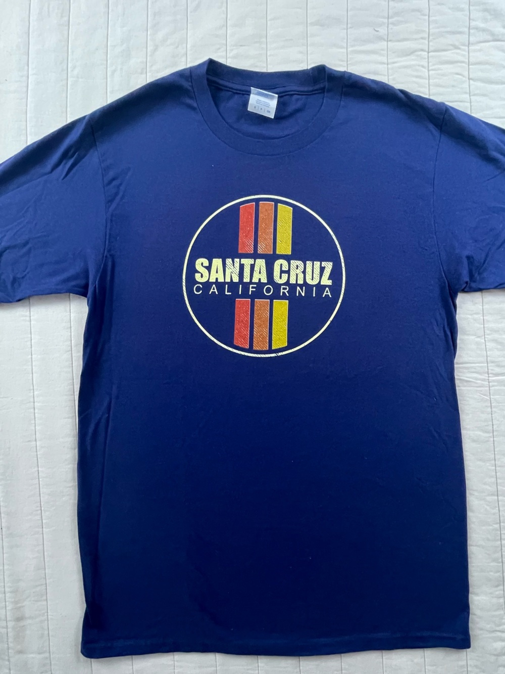 Santa Cruz California Souvenir Tee Navy Blue Logo Tee with Retro Stripes Small